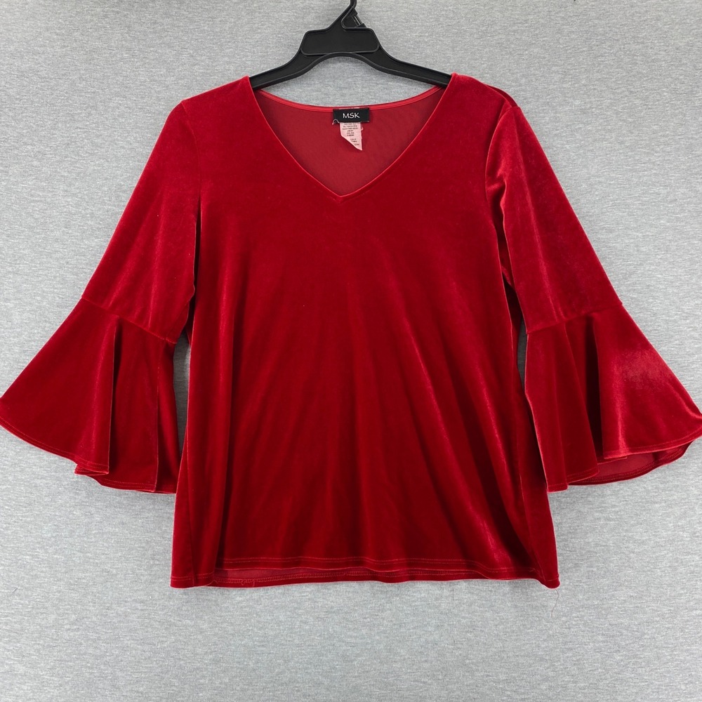 MSK Womens‎ Y2K Red Velvet Fairy Boho Bell Sleeve V Neck Top Whimsy Size L